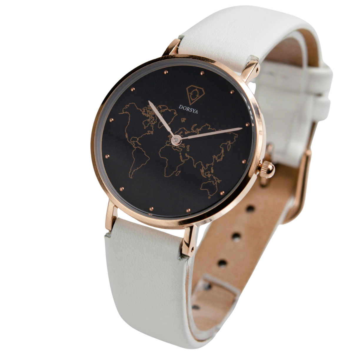 Apollo Rose Gold World Map Watch with White Leather Strap