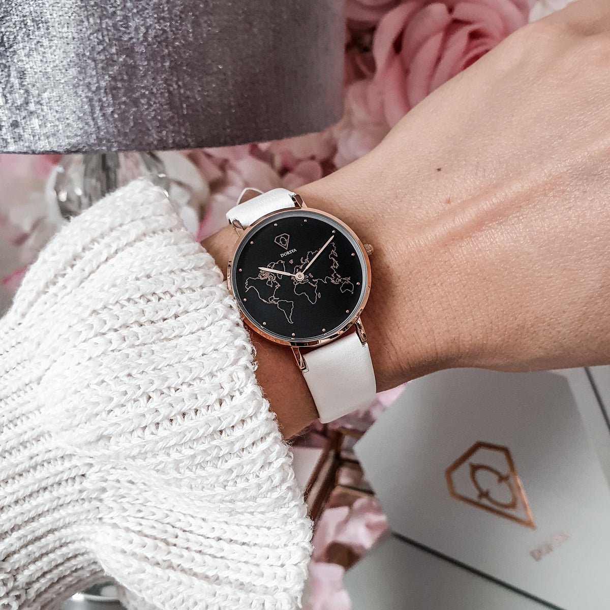 Apollo Rose Gold World Map Watch with White Leather Strap