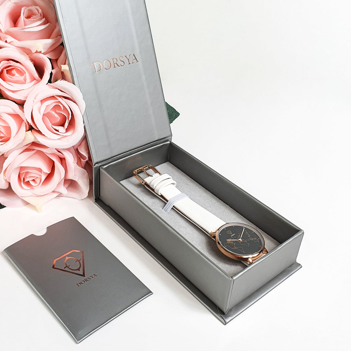 Apollo Rose Gold World Map Watch with White Leather Strap