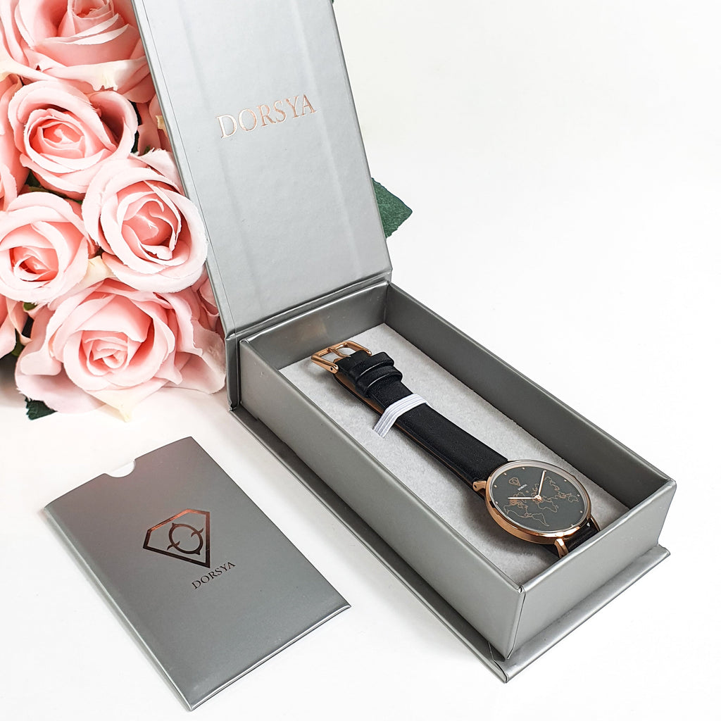Mercury Rose Gold World Map Watch with Black Leather Strap