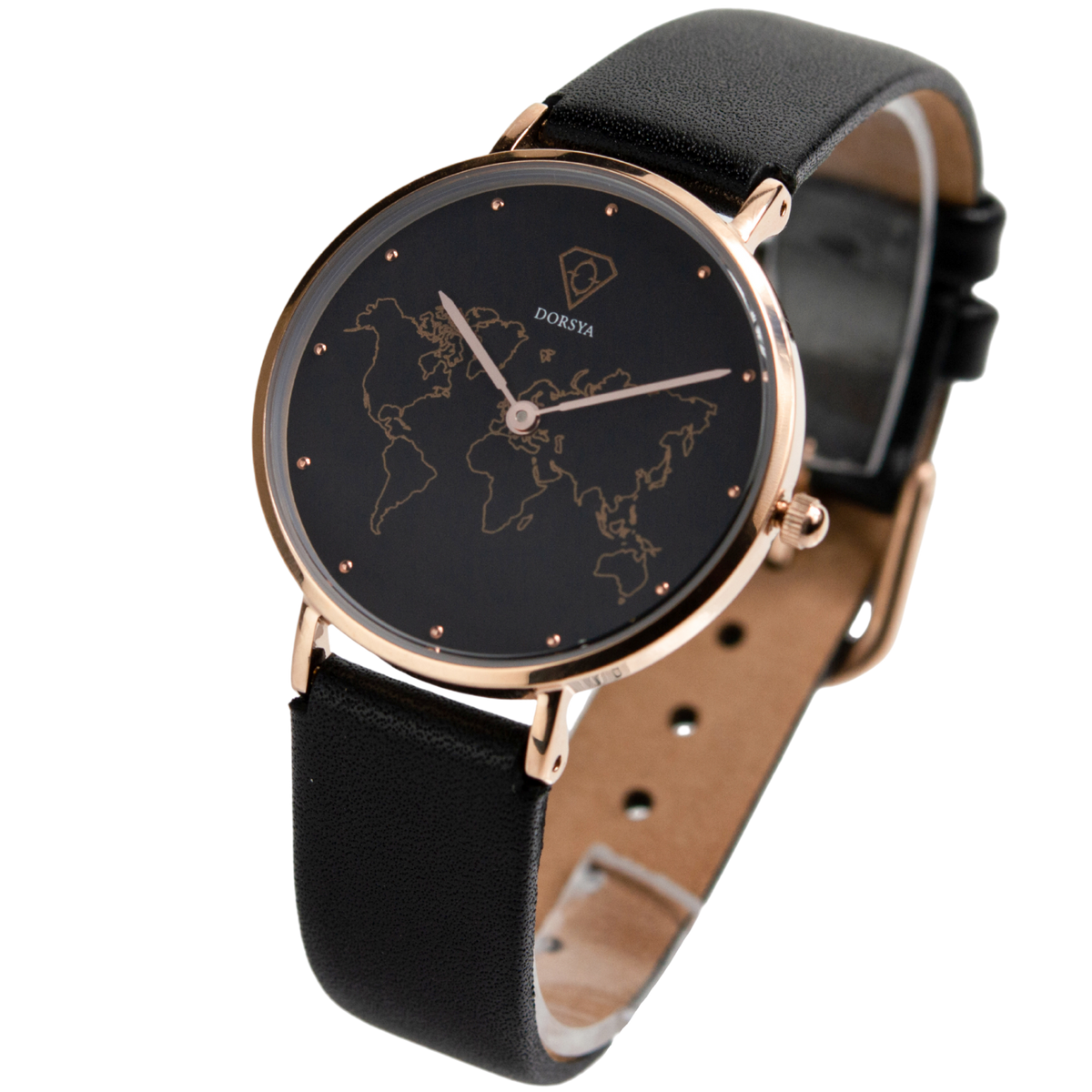 Mercury Rose Gold World Map Watch with Black Leather Strap