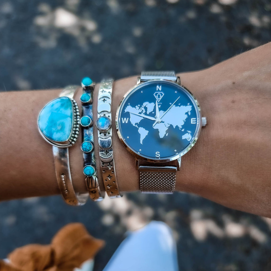 Selene Silver World Map Watch