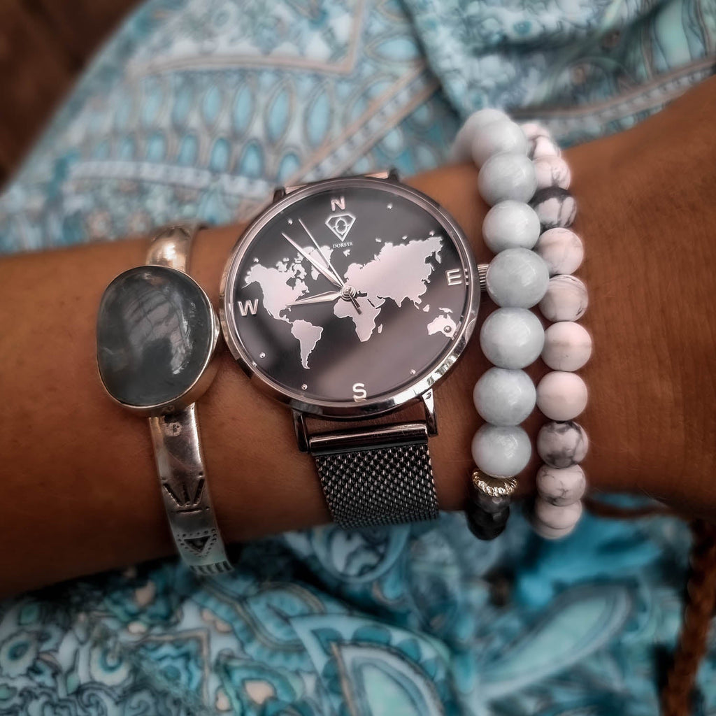 Selene Silver World Map Watch
