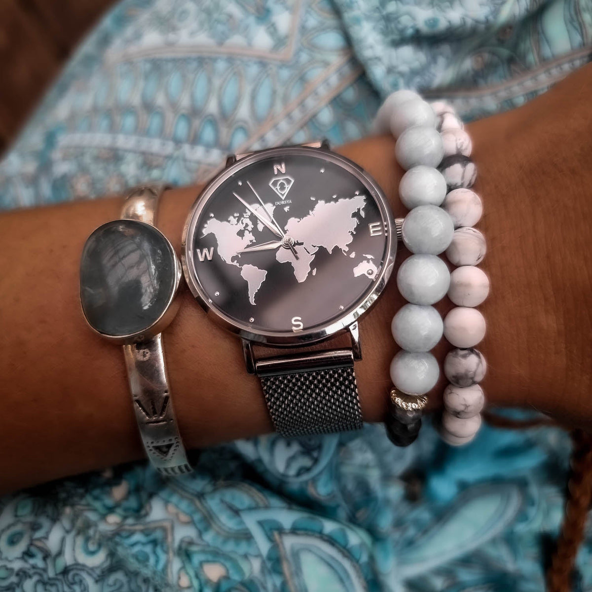 Selene Silver World Map Watch