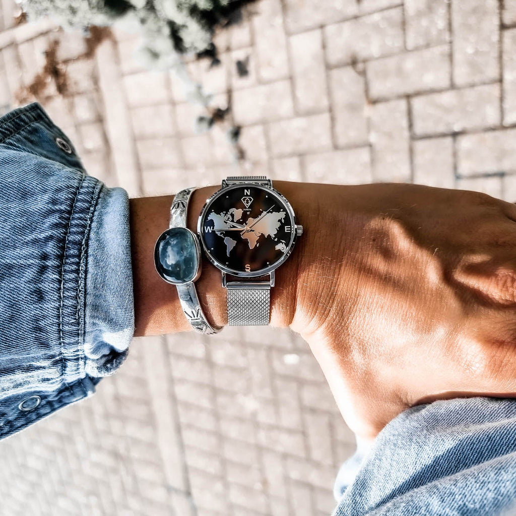 Selene Silver World Map Watch