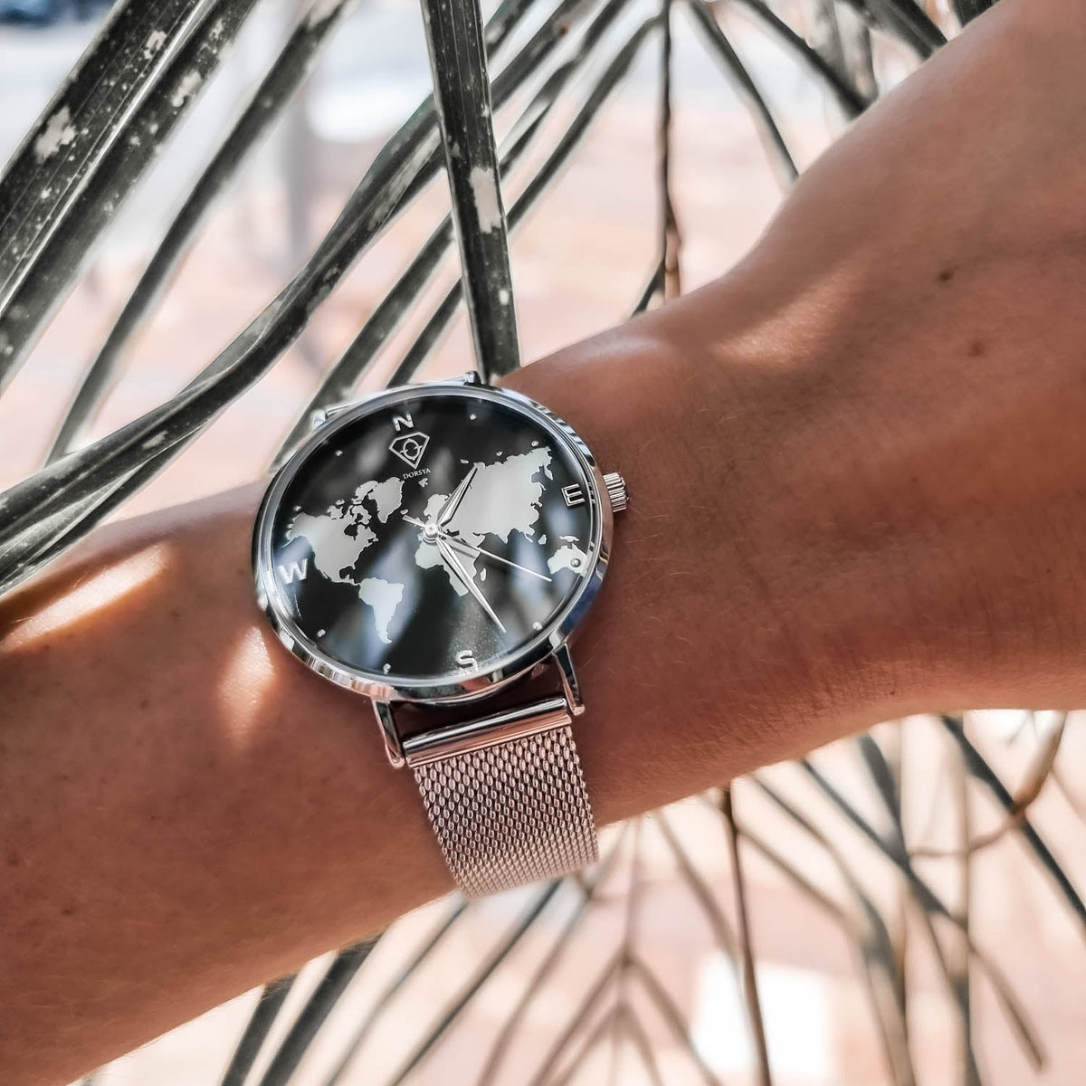Selene Silver World Map Watch