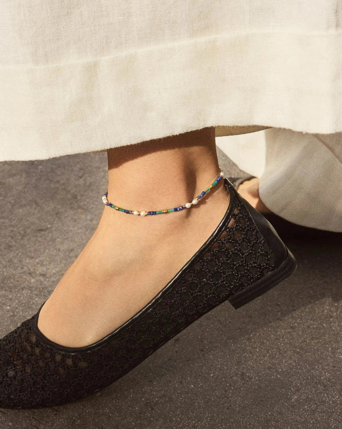 Beaded Gemstone & Pearl Anklet | 18ct Gold Plated/Lagoon Blue