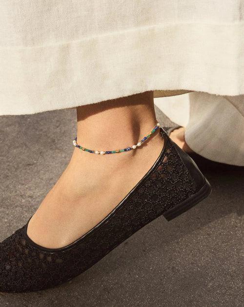 Beaded Gemstone & Pearl Anklet | 18ct Gold Plated/Lagoon Blue