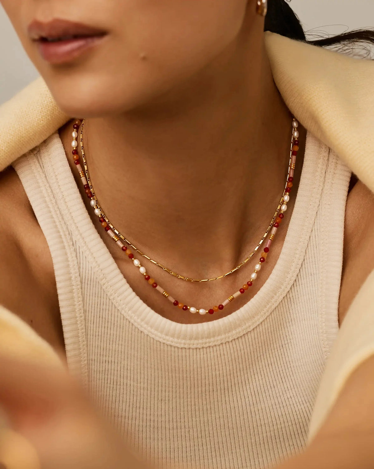 Beaded Gemstone & Pearl Short Necklace | 18ct Gold Plated/Paloma Pink