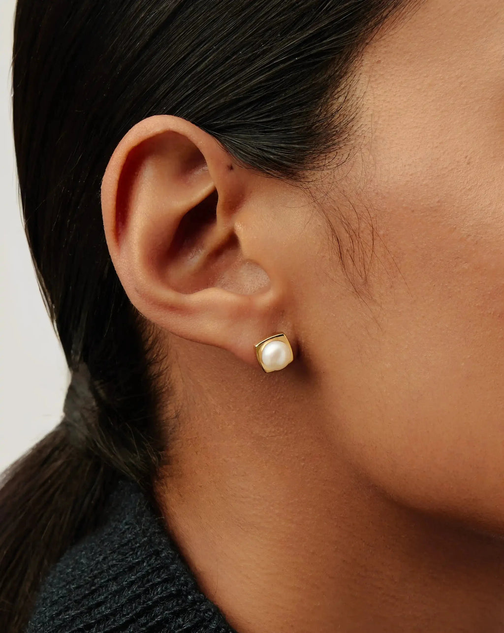 Button Pearl Square Stud Earrings | 18ct Gold Plated/Pearl