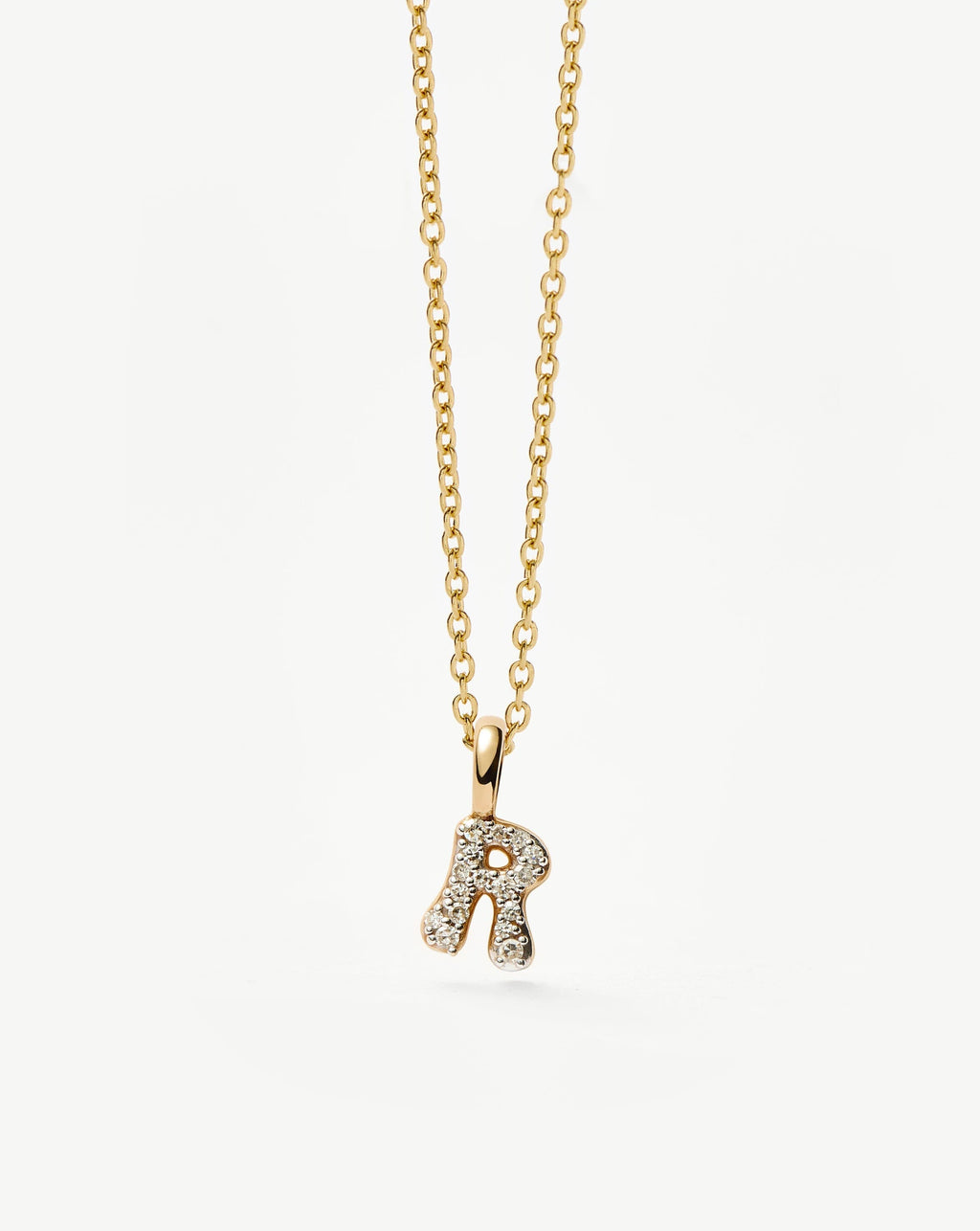 Solid Gold Diamond Initial Mini Pendant Necklace - R | 14ct Solid Yellow Gold Plated/Diamond