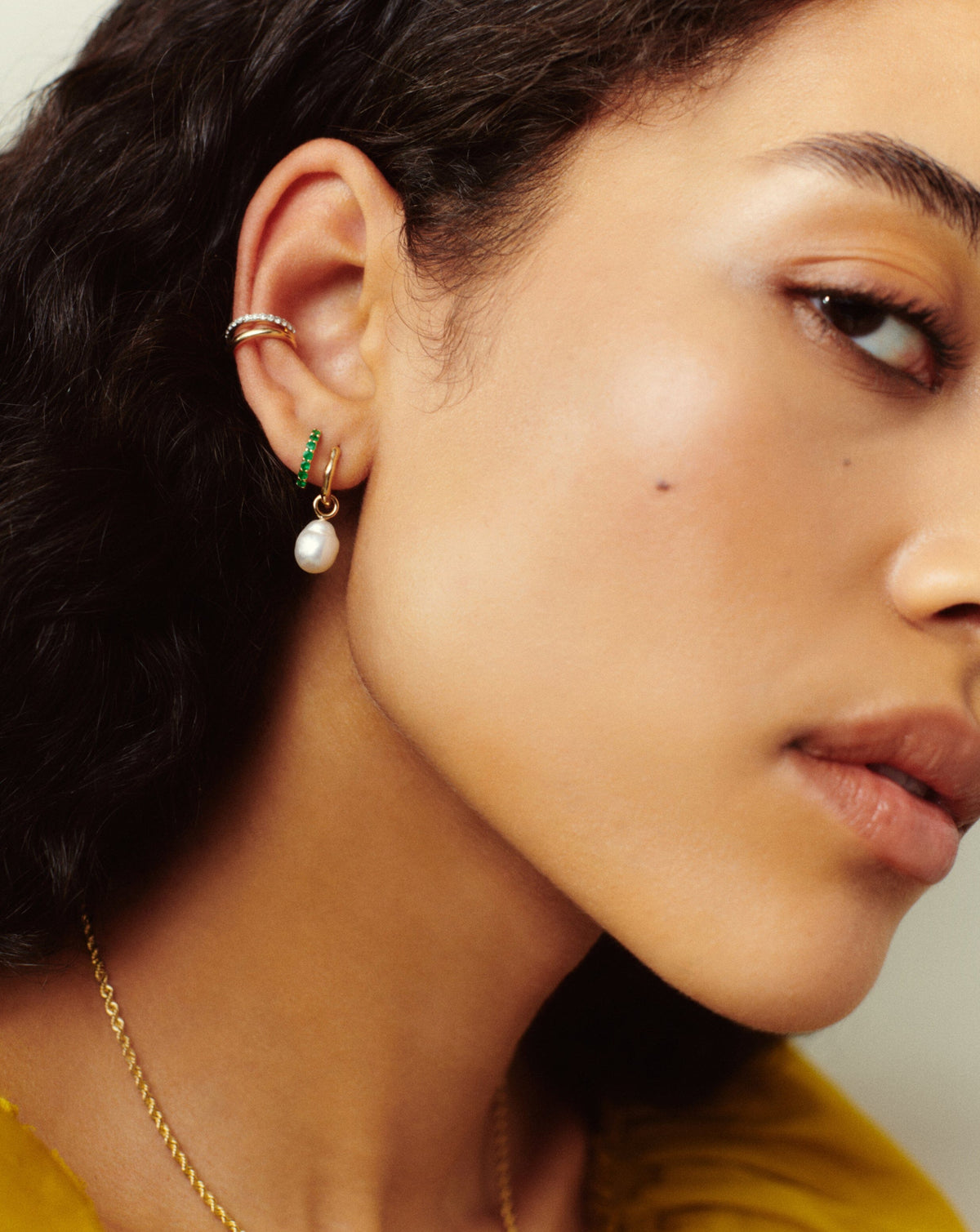Solid Gold Pearl Drop Mini Hoop Earrings