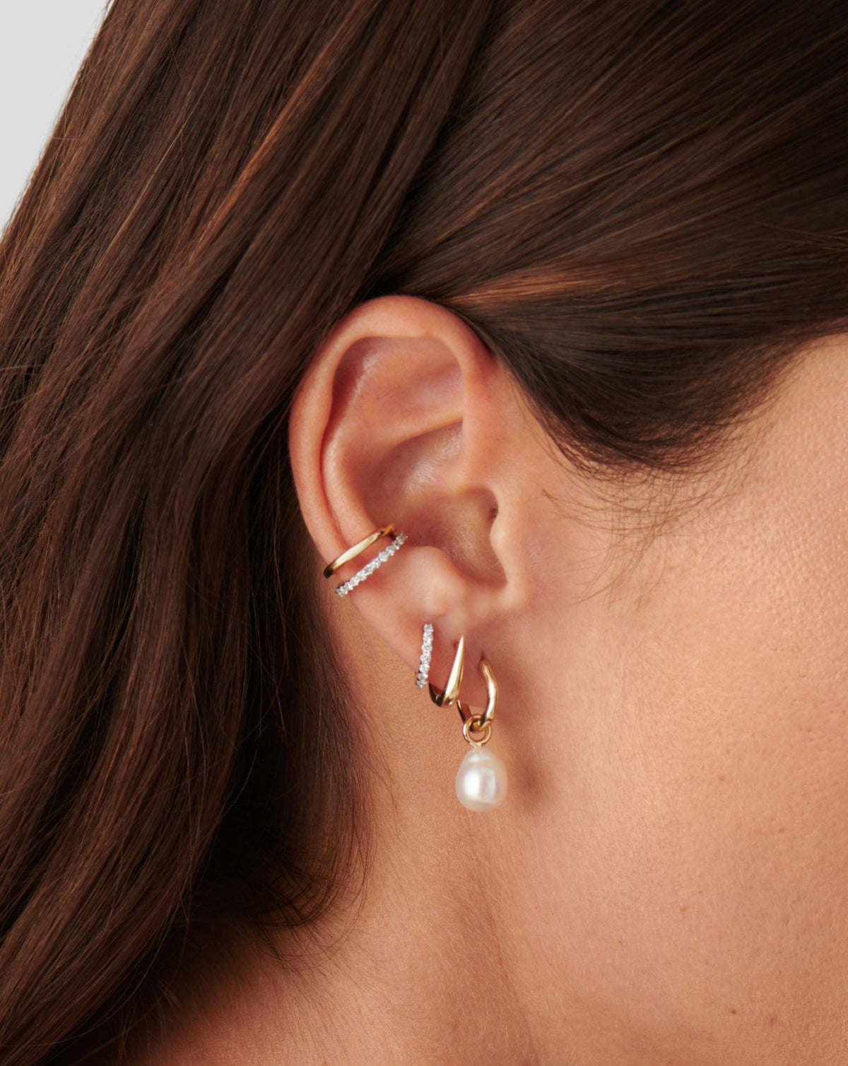 Solid Gold Pearl Drop Mini Hoop Earrings