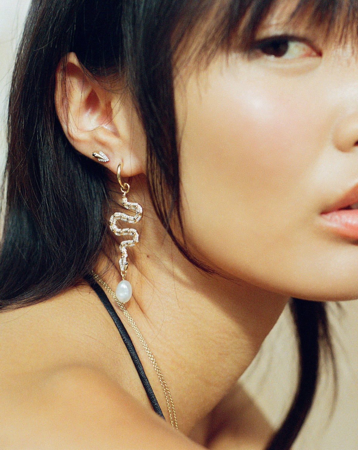 Harris Reed Solid Gold Serpent Drop Earrings | 14ct Solid Gold/Pearl & Diamond