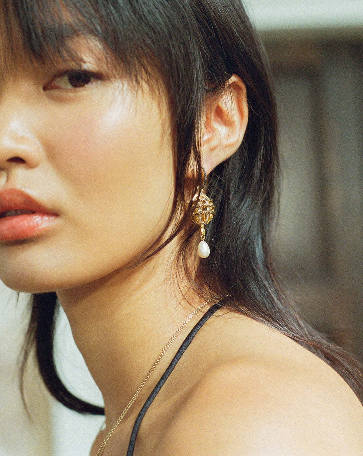 Harris Reed Solid Gold Uncaged Drop Earrings | 14ct Solid Gold/Pearl & Diamond