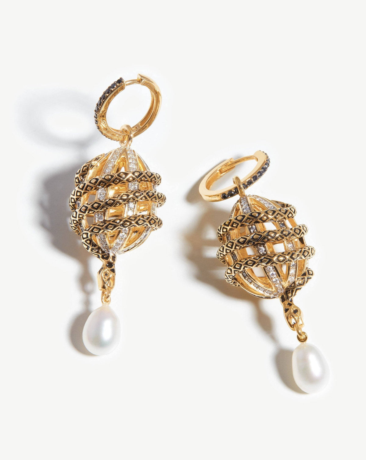 Harris Reed Solid Gold Uncaged Drop Earrings | 14ct Solid Gold/Pearl & Diamond