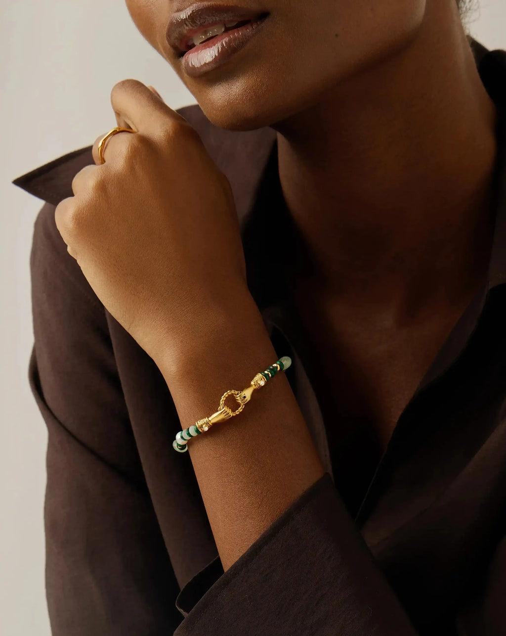 Harris Reed In Good Hands Beaded Gemstone Bracelet | 18ct Gold Plated/Multi Green Gemstone & Pearl