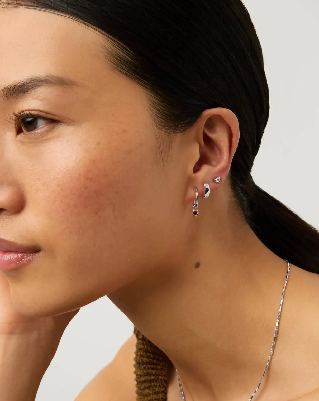 January Birthstone Mini Charm Hoop Earrings | Silver Plated/Garnet
