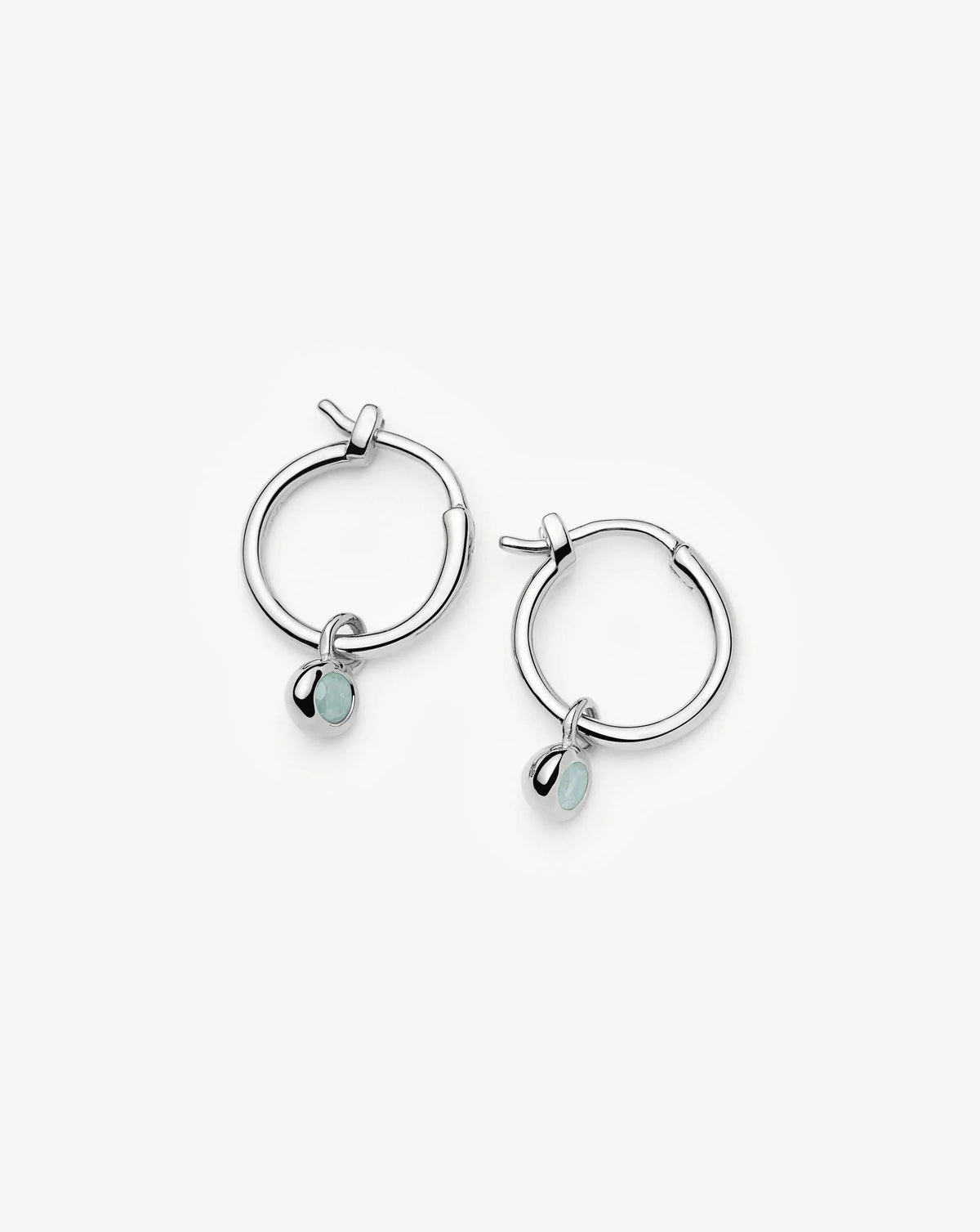 March Birthstone Mini Charm Hoop Earrings | Silver Plated/Milky Aquamarine
