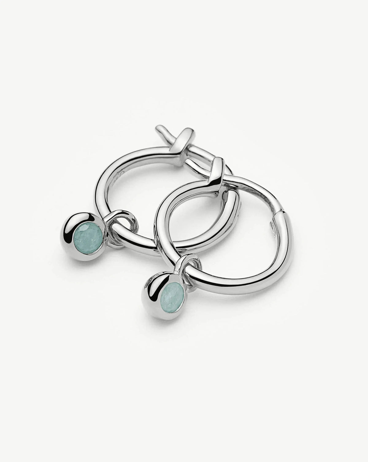 March Birthstone Mini Charm Hoop Earrings | Silver Plated/Milky Aquamarine