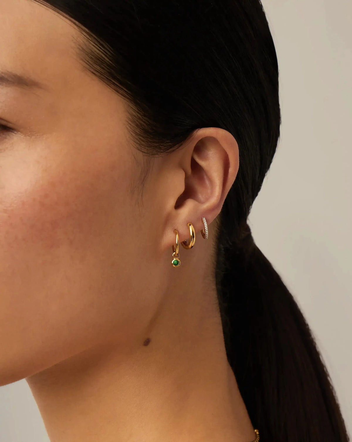 May Birthstone Mini Charm Hoop Earrings | 18ct Gold Plated/Green Onyx