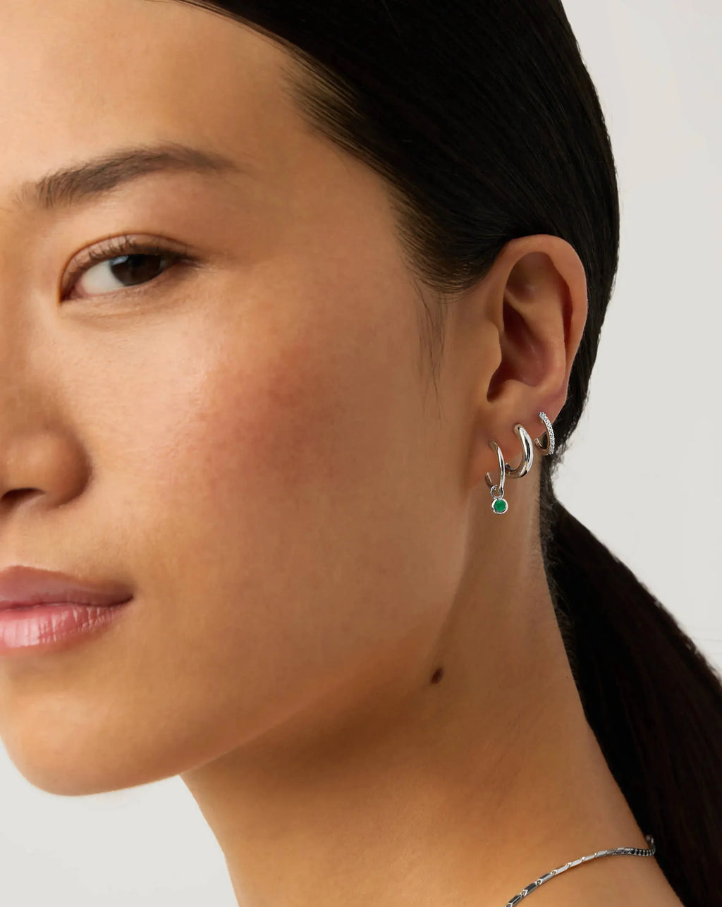 May Birthstone Mini Charm Hoop Earrings | Silver Plated/Green Onyx