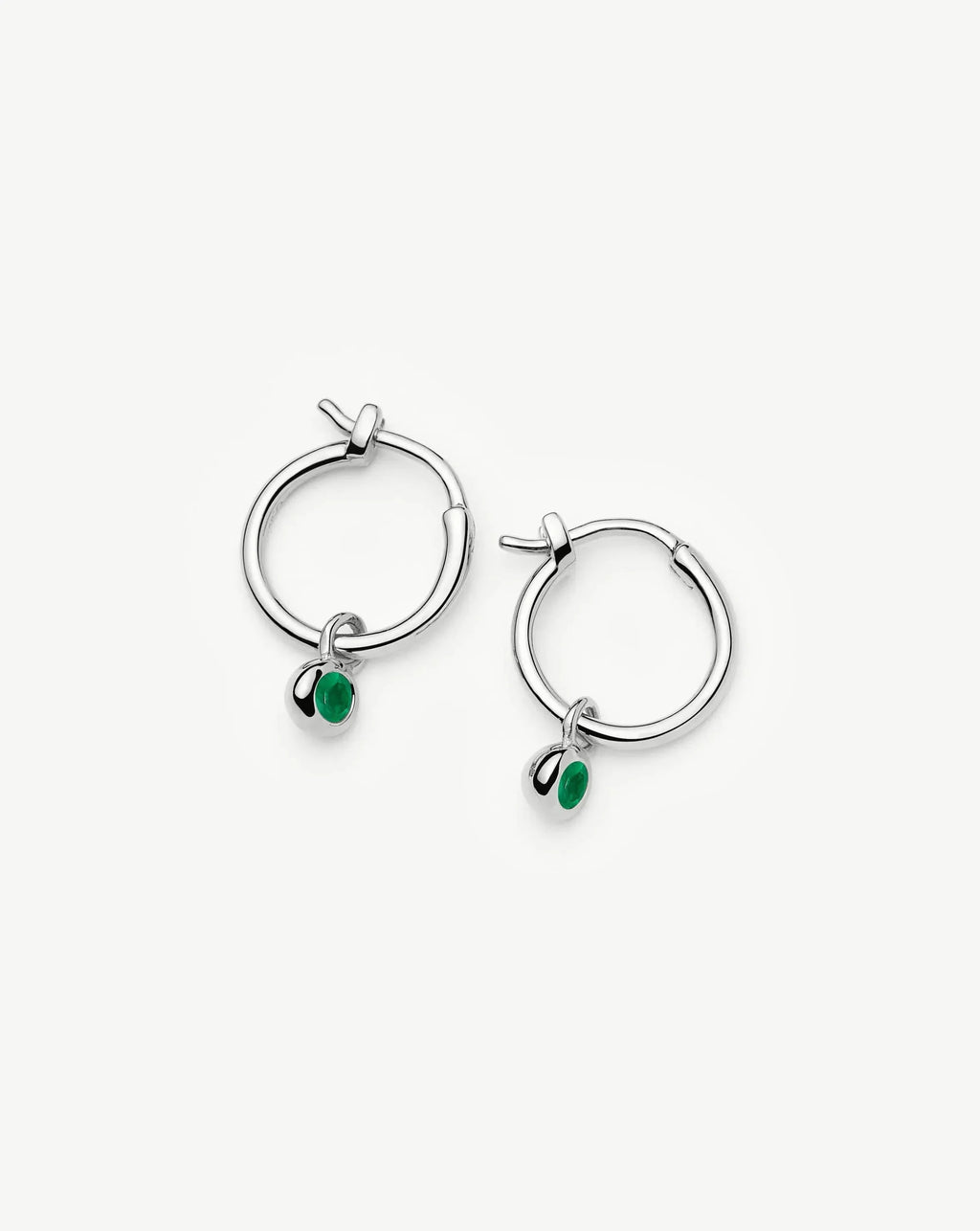 May Birthstone Mini Charm Hoop Earrings | Silver Plated/Green Onyx