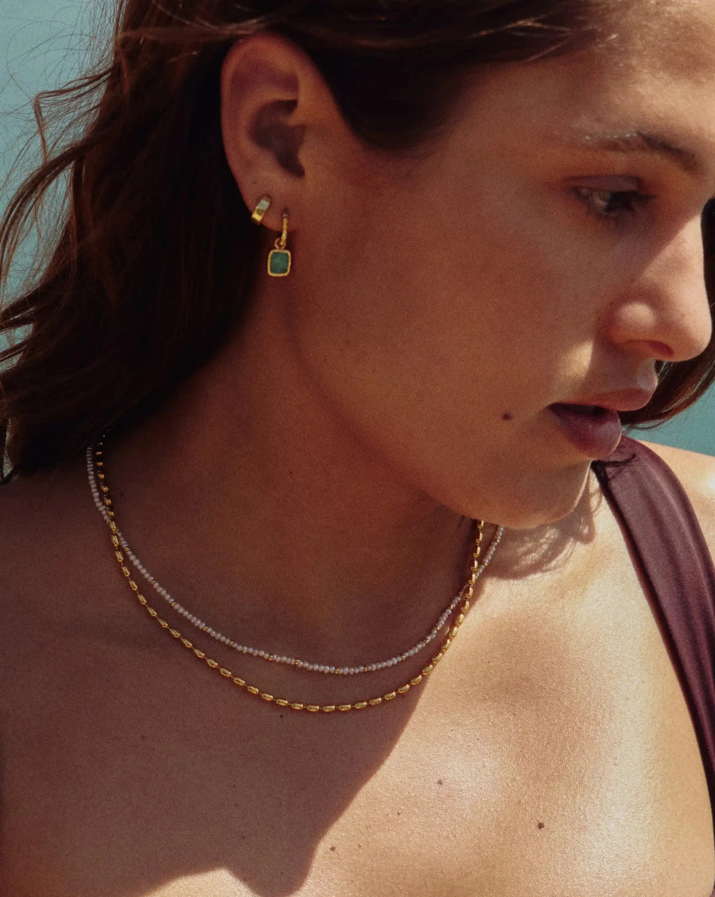 Mini Pyramid Charm Hoop Earrings | 18ct Gold Vermeil/Amazonite