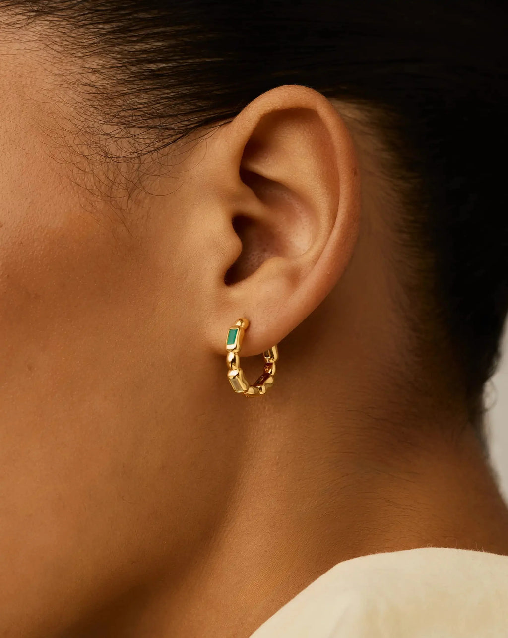 Molten Gemstone Baguette Small Hoop Earrings | 18ct Gold Plated/Blue and Green Onyx