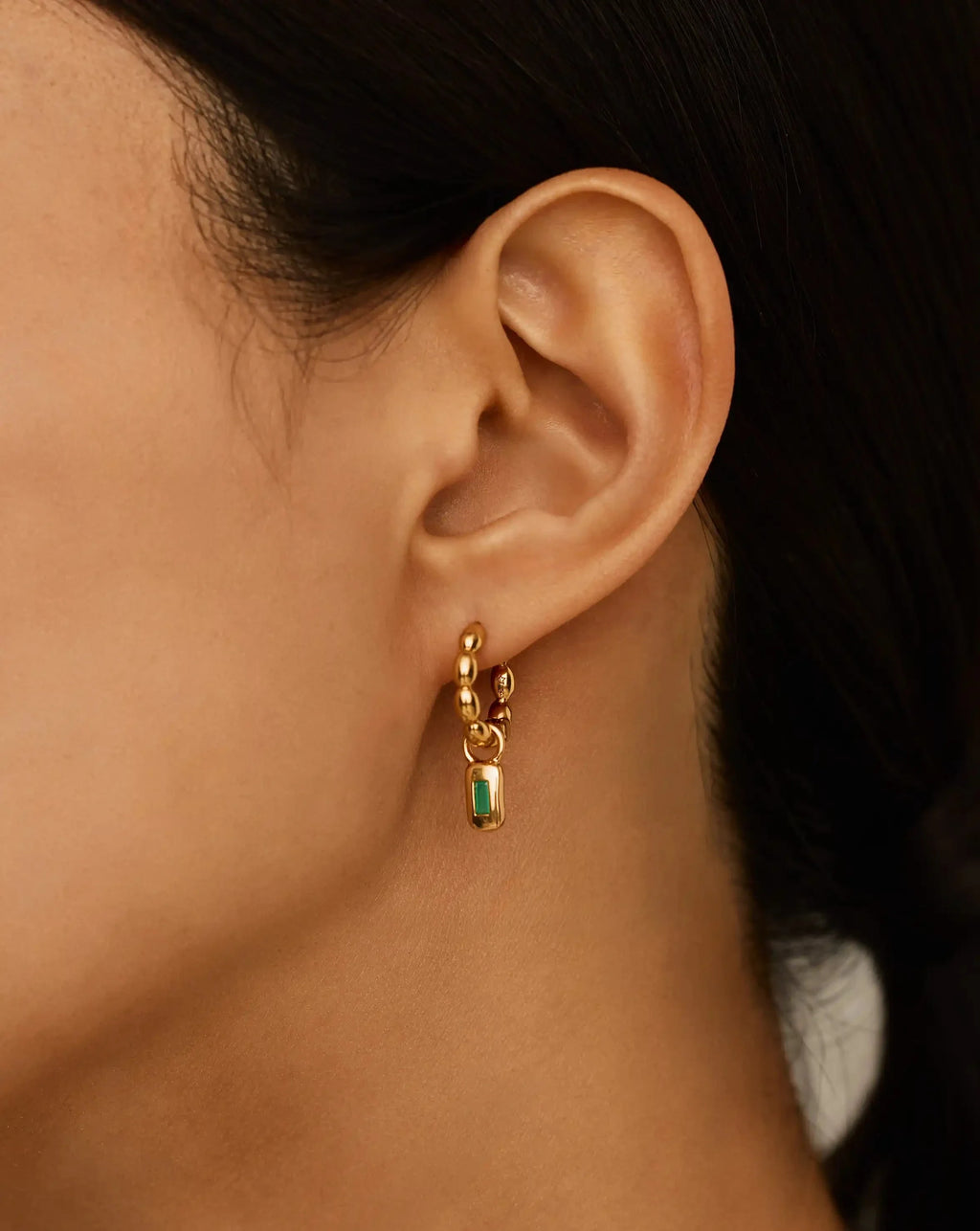 Molten Gemstone Charm Hoop Earrings | 18ct Gold Plated/Green Onyx