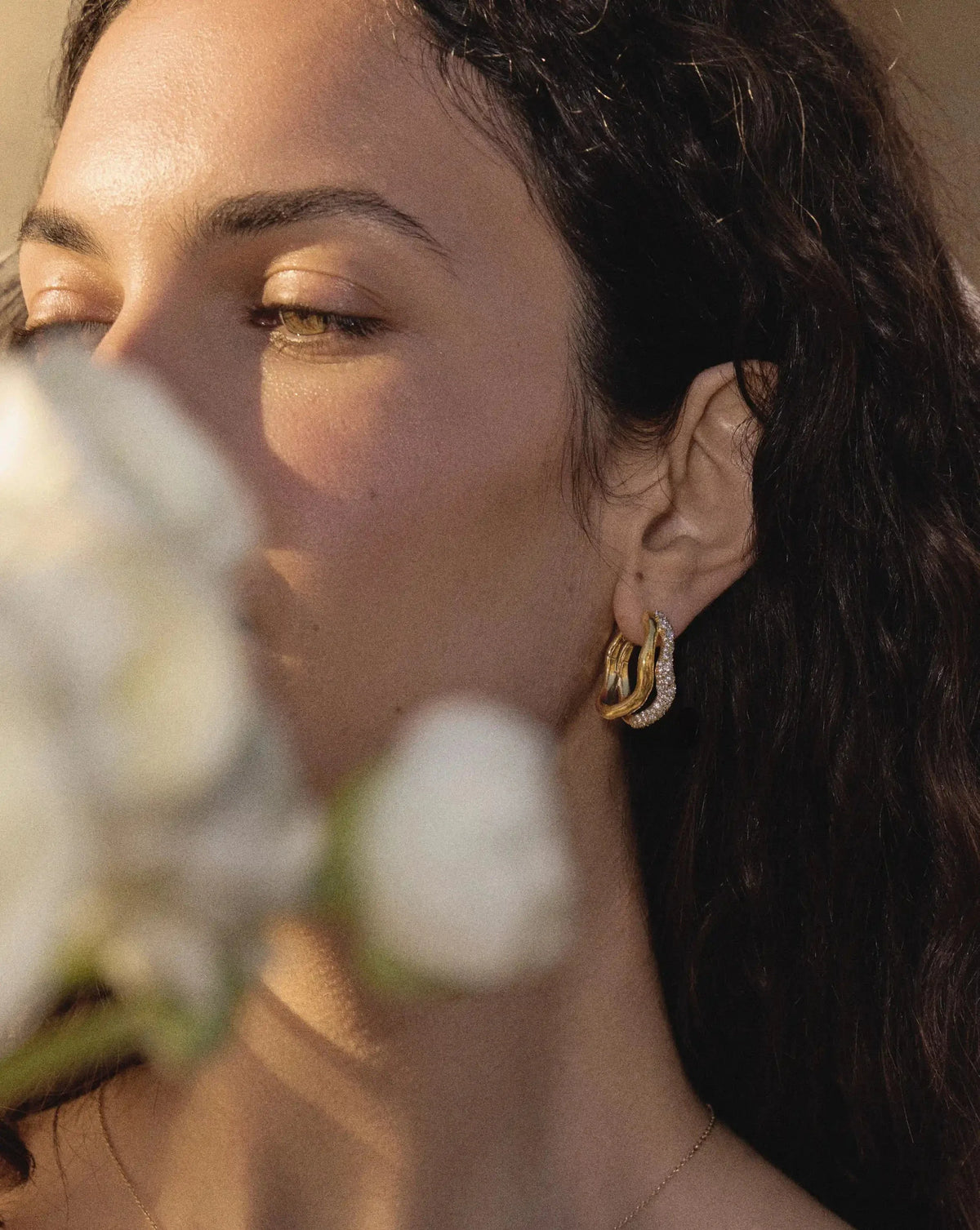 Molten Snow Double Medium Hoop Earrings | 18ct Gold Plated/Cubic Zirconia