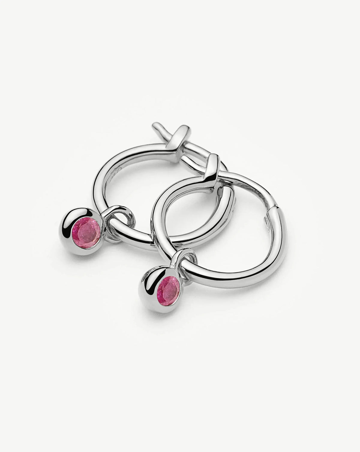 October Birthstone Mini Charm Hoop Earrings | Silver Plated/Pink Tourmaline