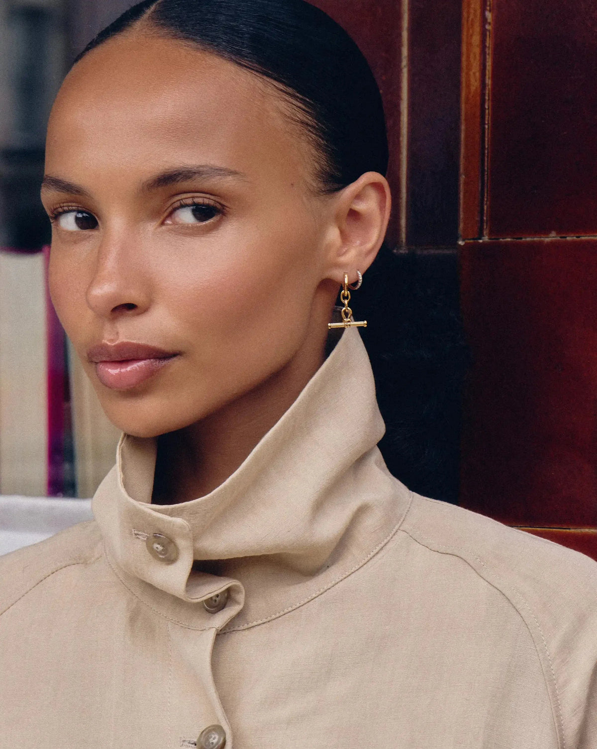 Ridge T-Bar Drop Huggies | 18ct Gold Plated
