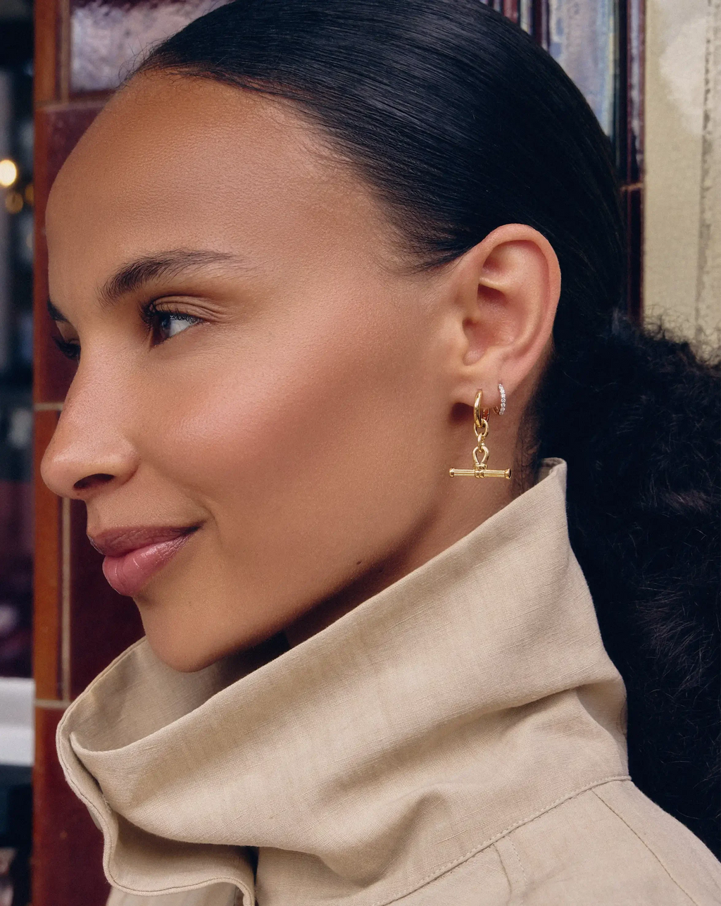Ridge T-Bar Drop Huggies | 18ct Gold Plated