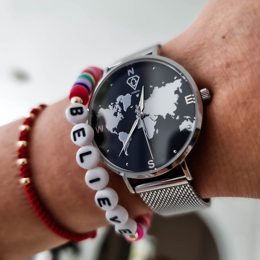 Selene Silver World Map Watch